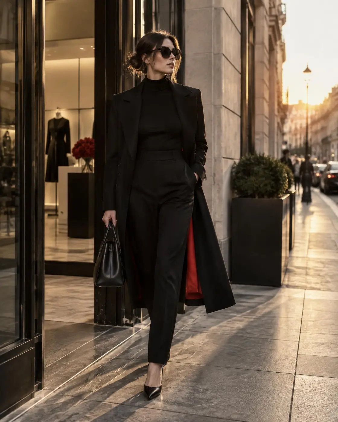 A woman in a tailored black coat stepping out of a boutique at golden hour